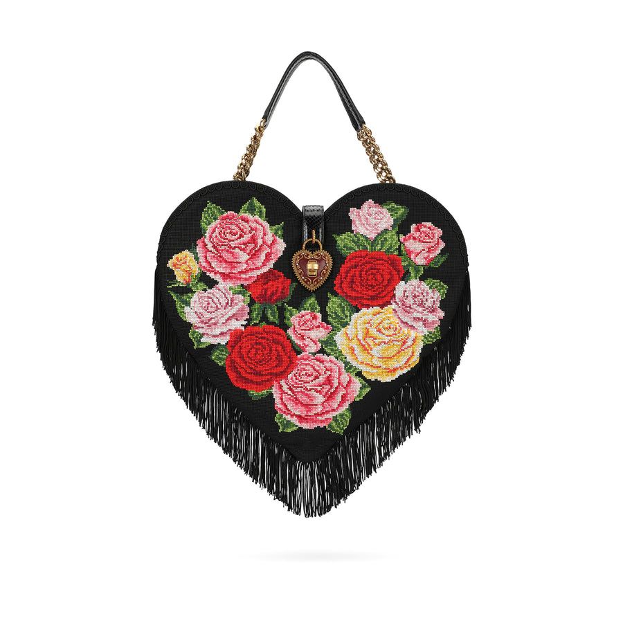 Heart-shaped bag with embroidered roses and fringes