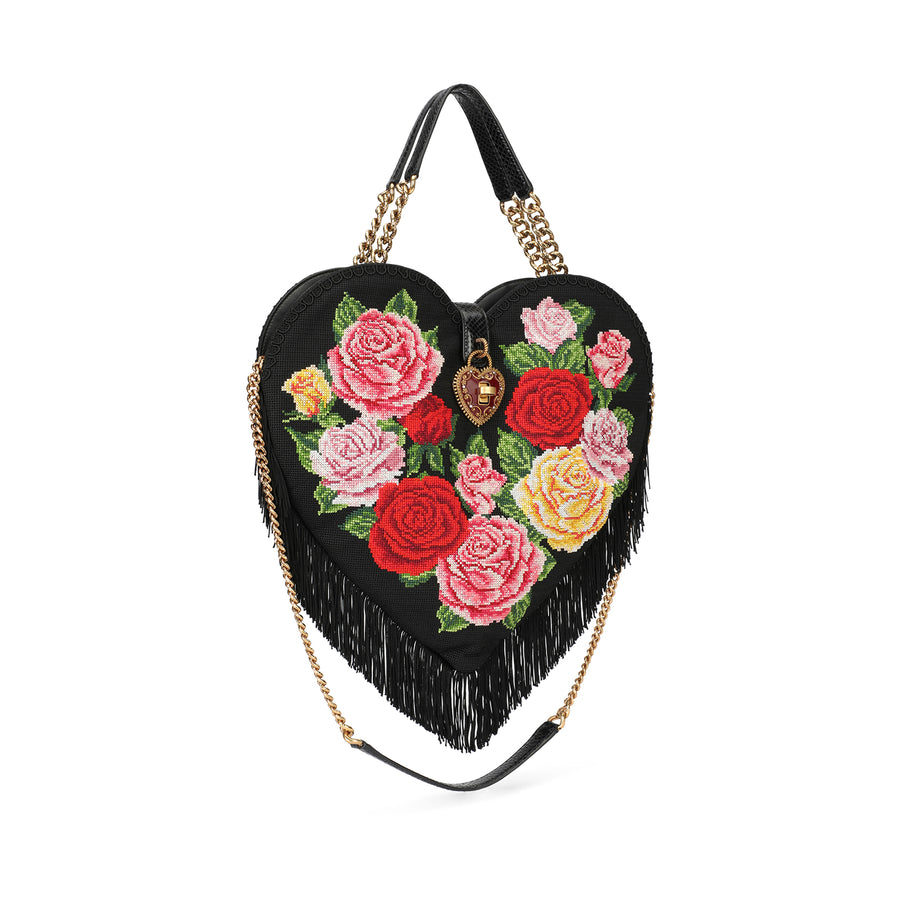 Heart-shaped bag with embroidered roses and fringes