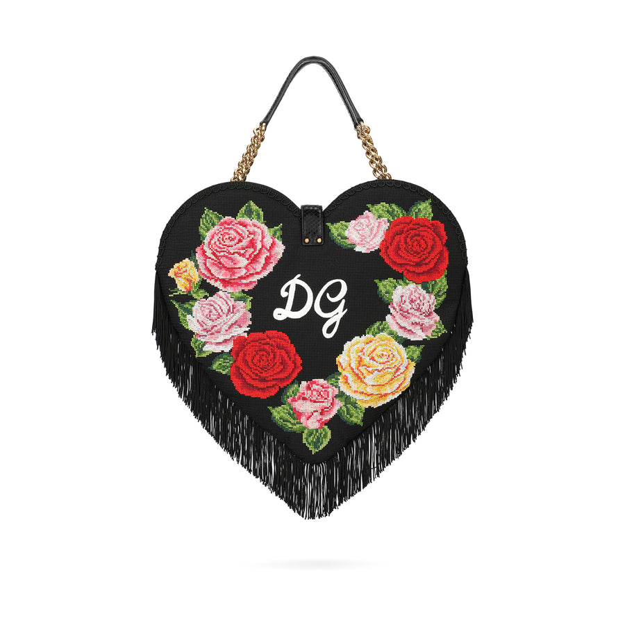 Heart-shaped bag with embroidered roses and fringes