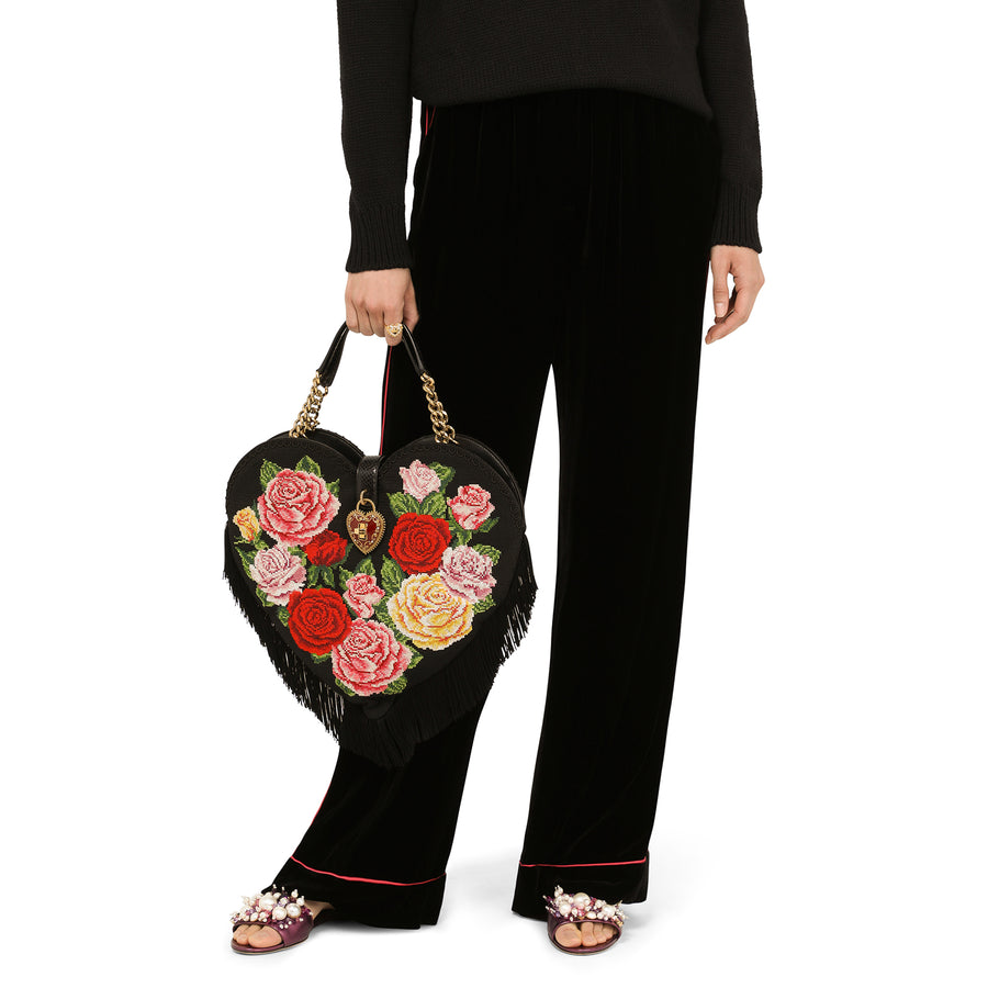 Heart-shaped bag with embroidered roses and fringes