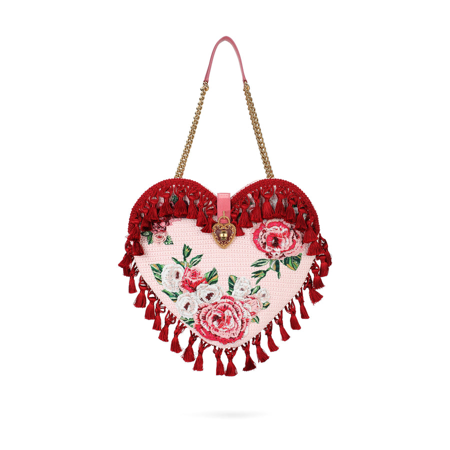 Heart-shaped bag with tassels and flowers