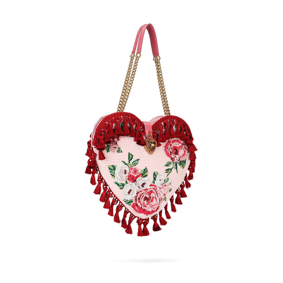 Heart-shaped bag with tassels and flowers