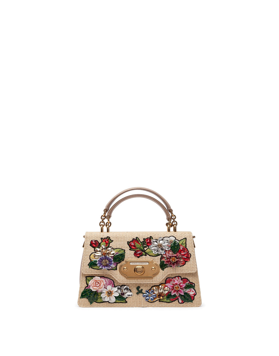 Raffia mini bag with floral embroidery