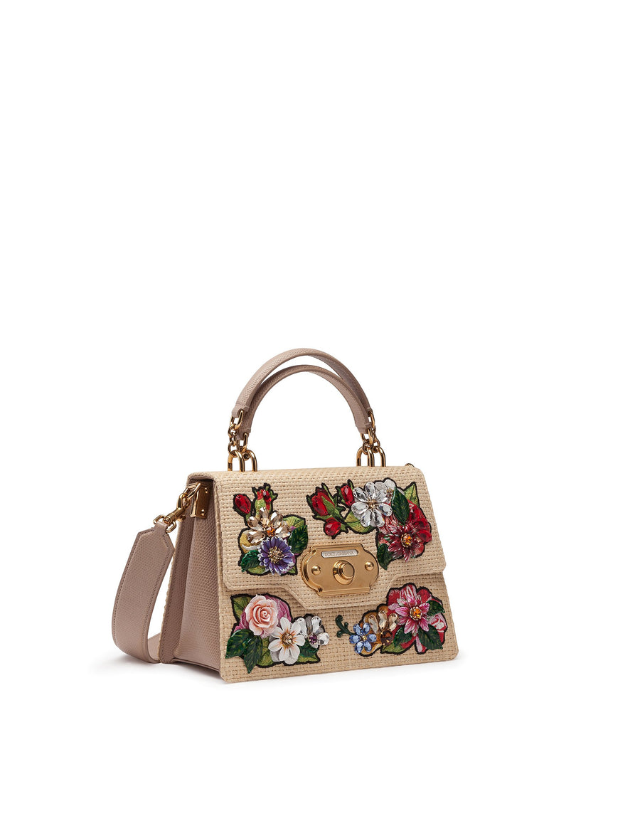 Raffia mini bag with floral embroidery