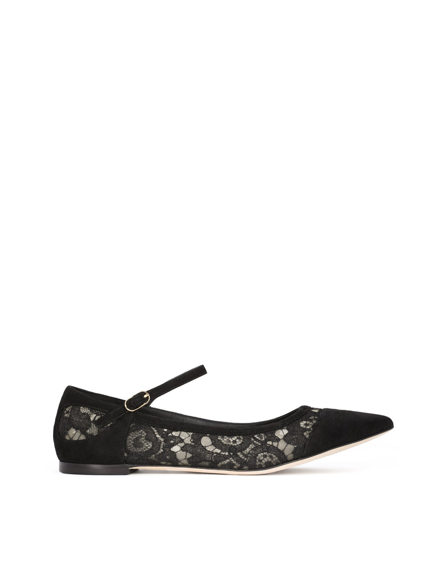 Pointed ballerinas in suede and lace