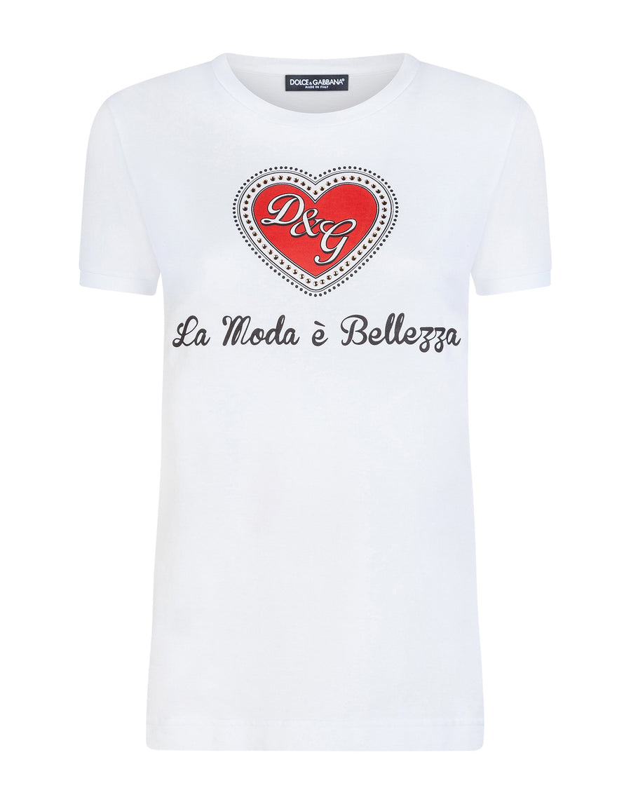 Crewneck t-shirt with DG heart print and rhinestones