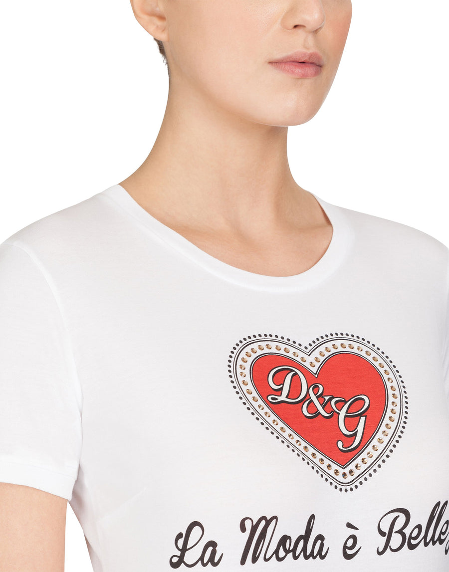 Crewneck t-shirt with DG heart print and rhinestones