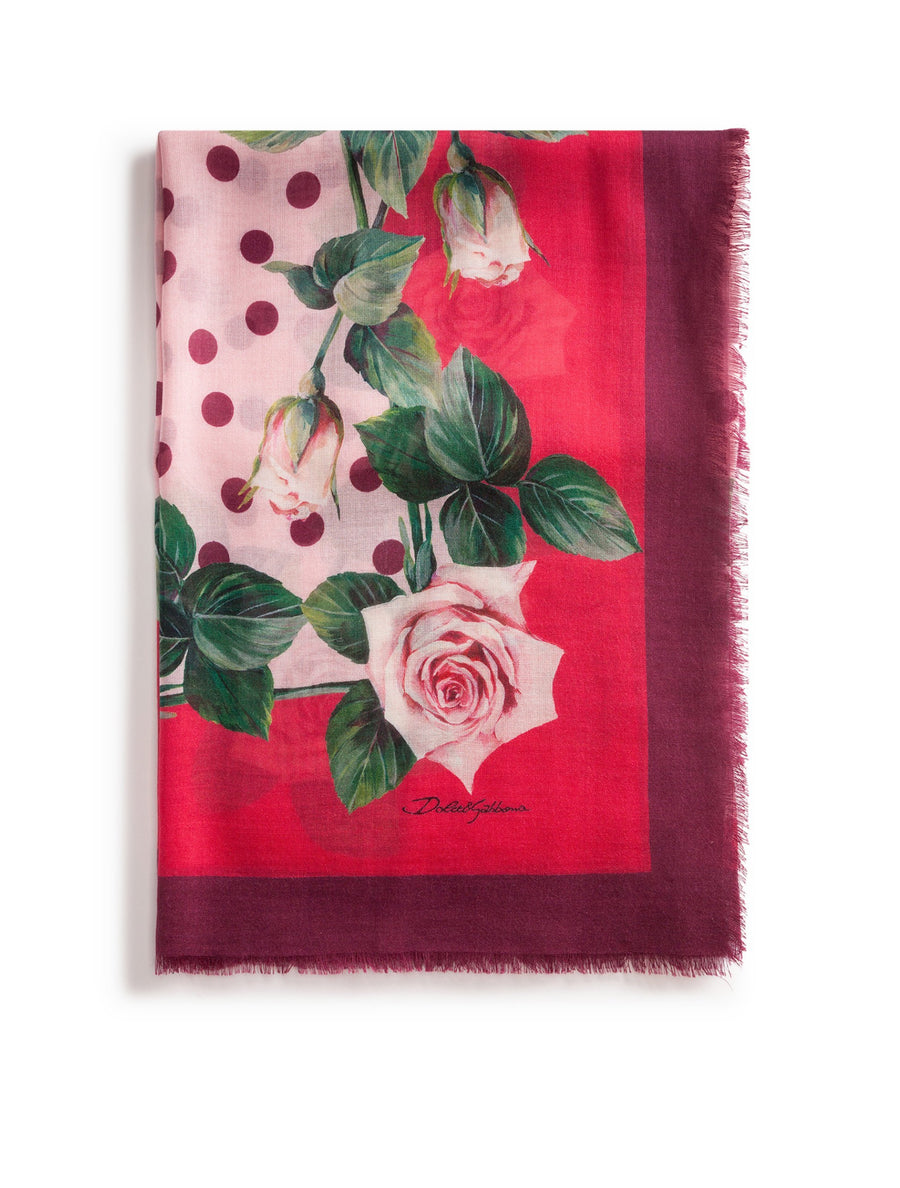 TROPICAL ROSE PRINT CASHMERE AND SILK FOULARD 140 X 140