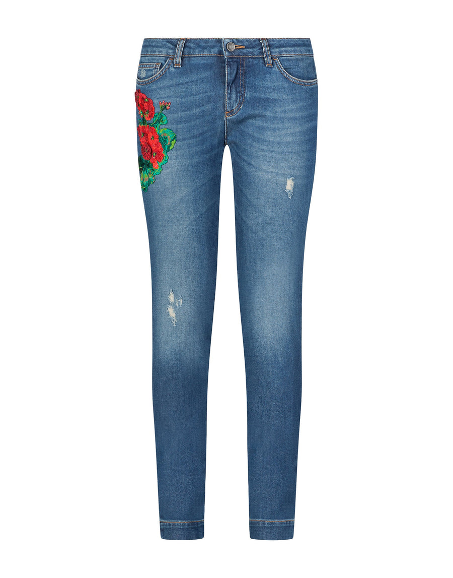 Stretch jeans with floral embroidery