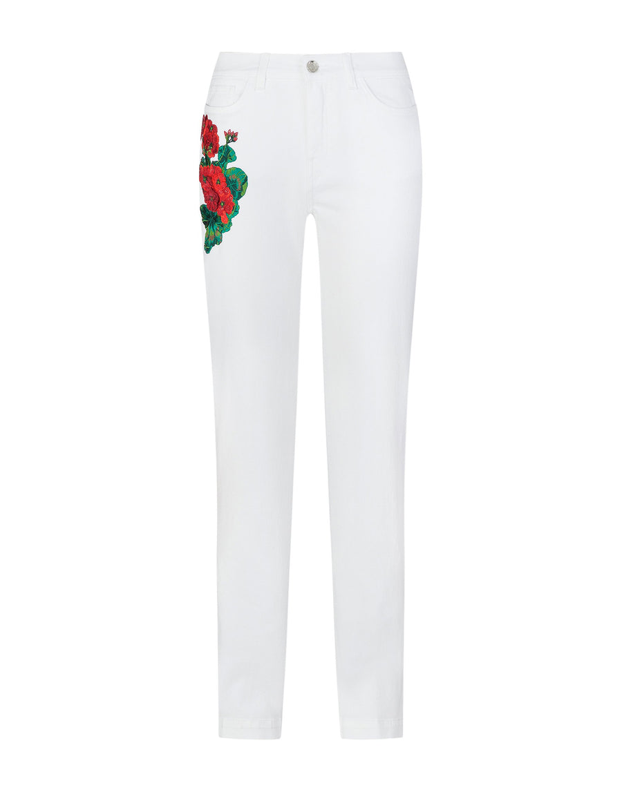 Stretch cotton trousers with floral embroidery