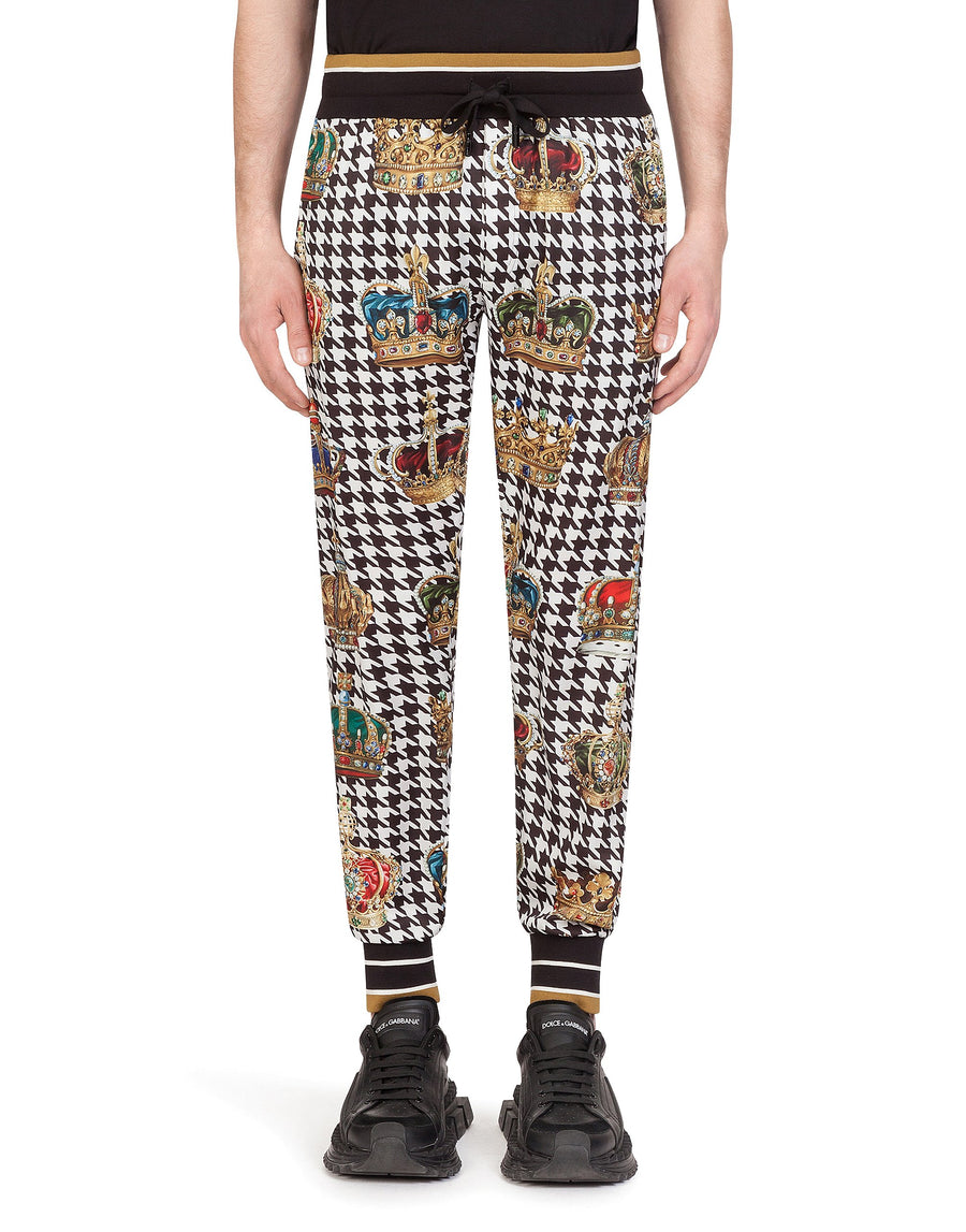 Houndstooth jogging pants with crown print