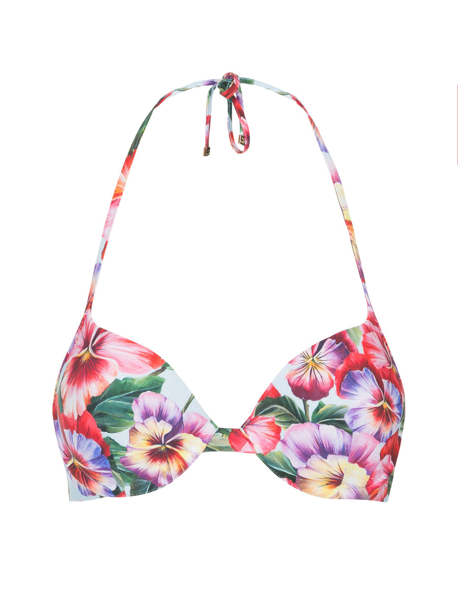 Push-up bikini top with violets print