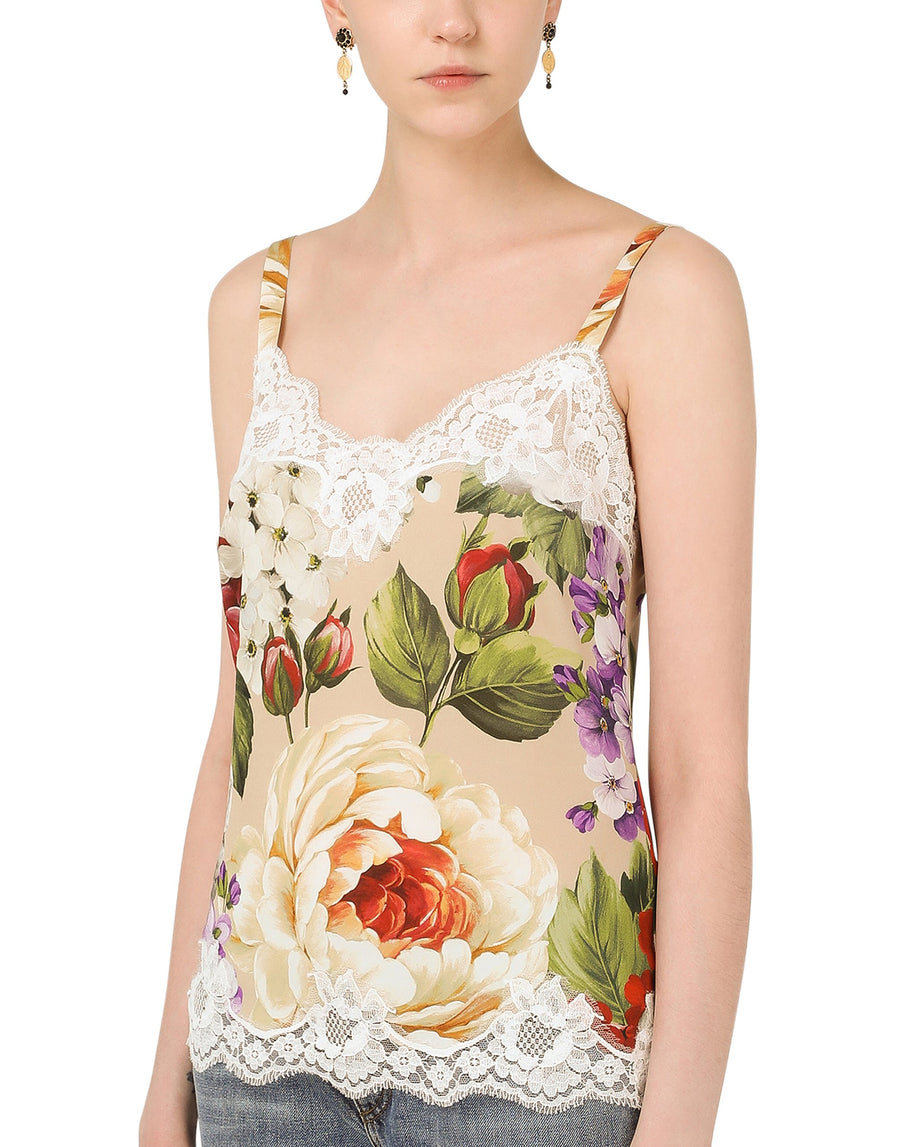 Top in floral silk with lace