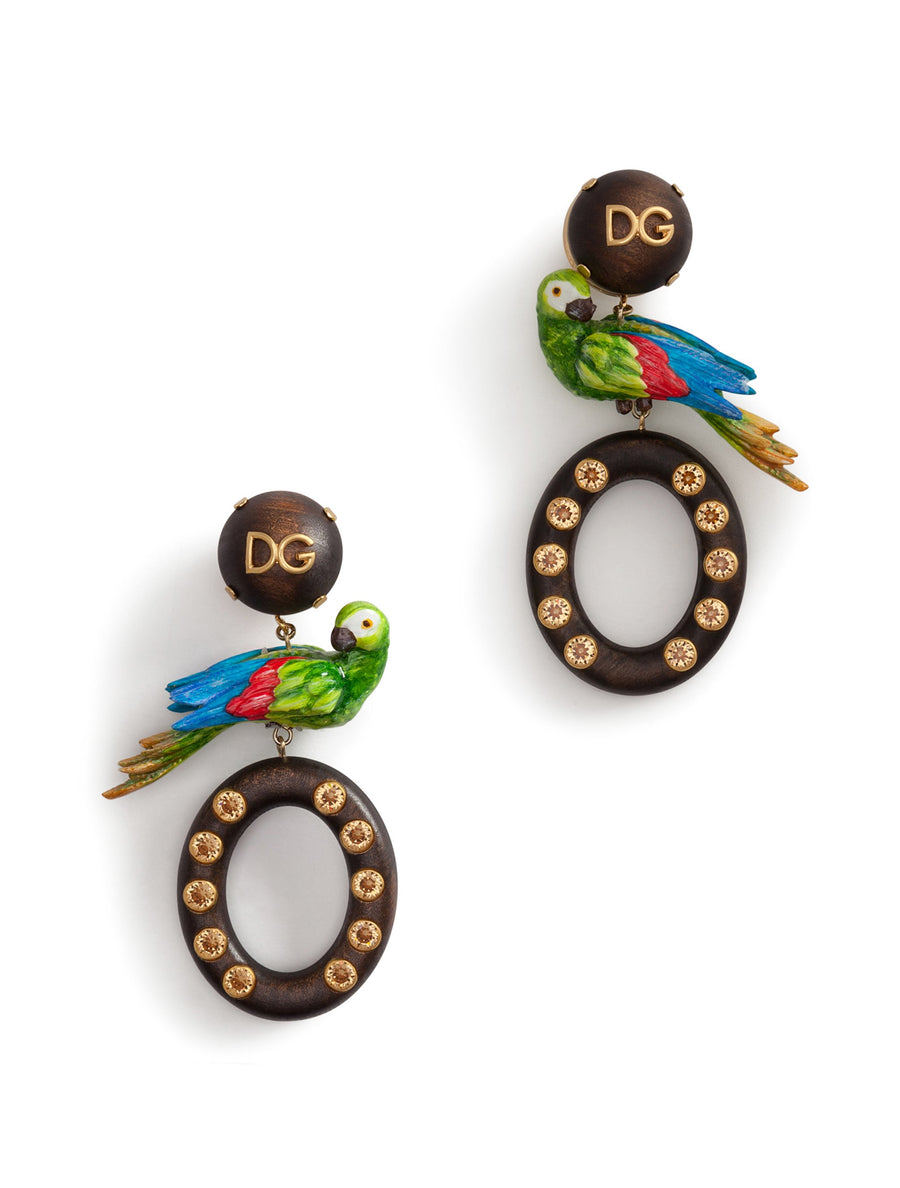 Drop earrings in wood with parrot