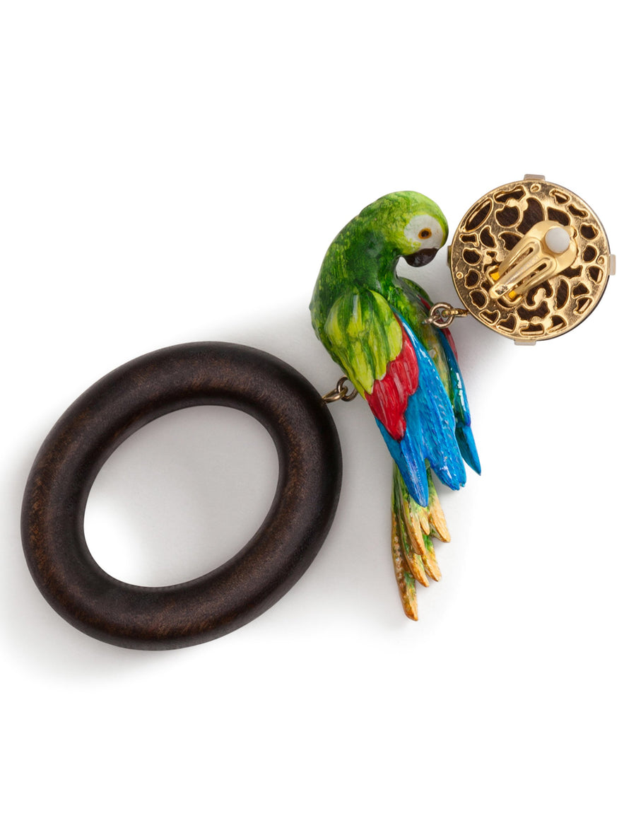 Drop earrings in wood with parrot