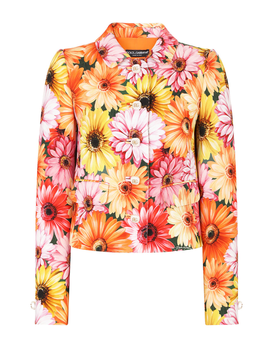 Cropped cady jacket with gerbera-daisy print and pearl DG buttons