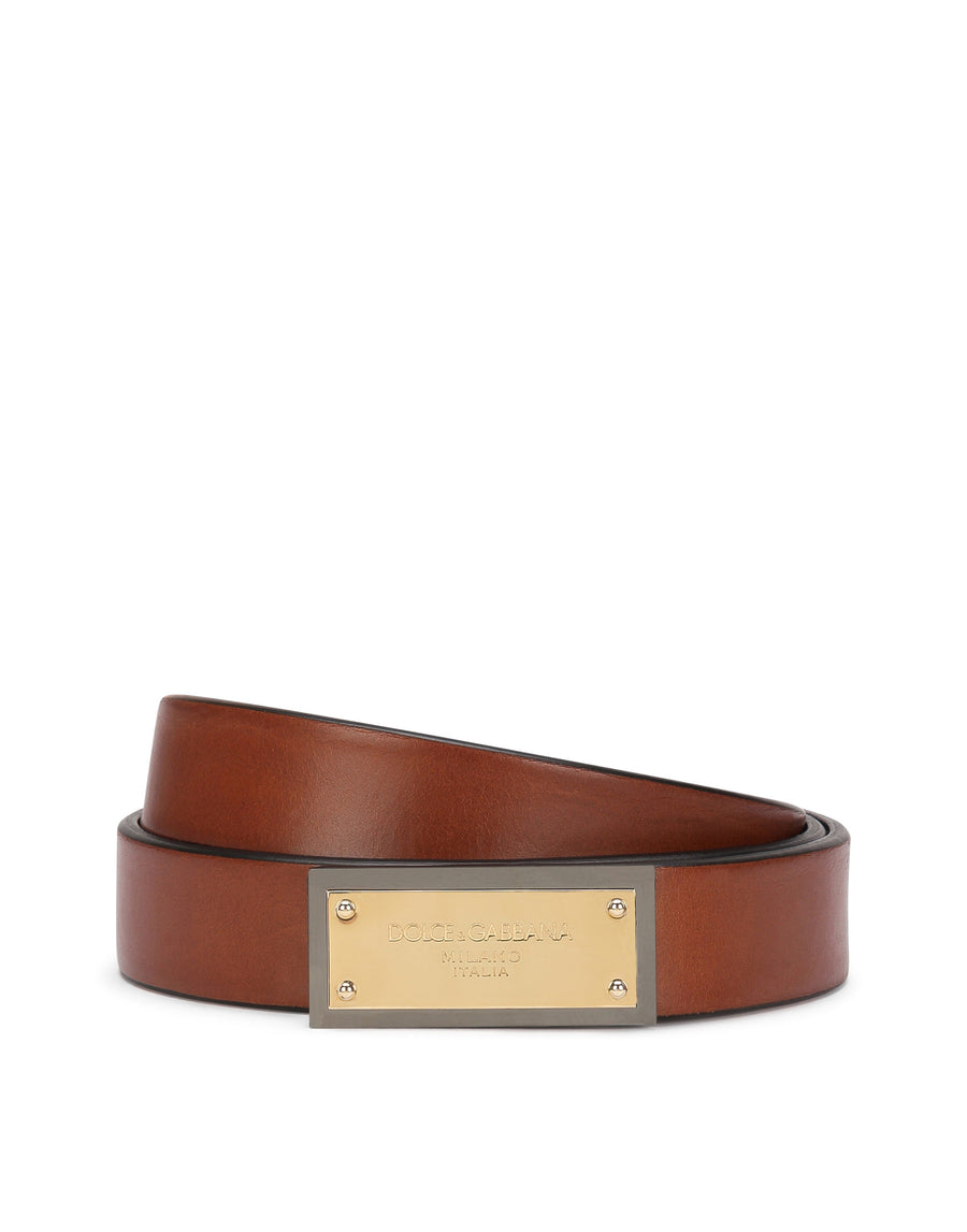 Calfskin belt with branded buckle with two plated finishes