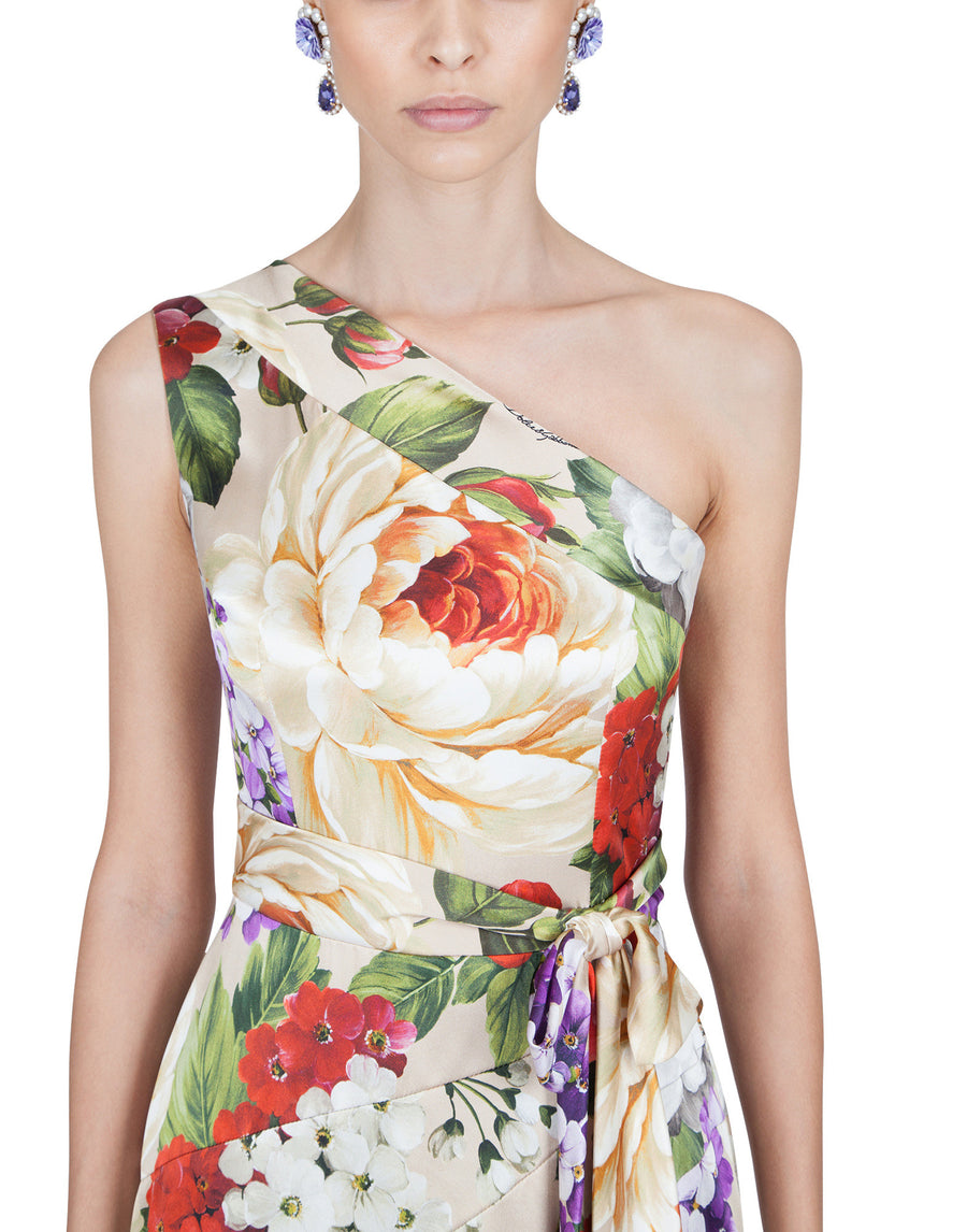 One-shoulder floral dress with belt