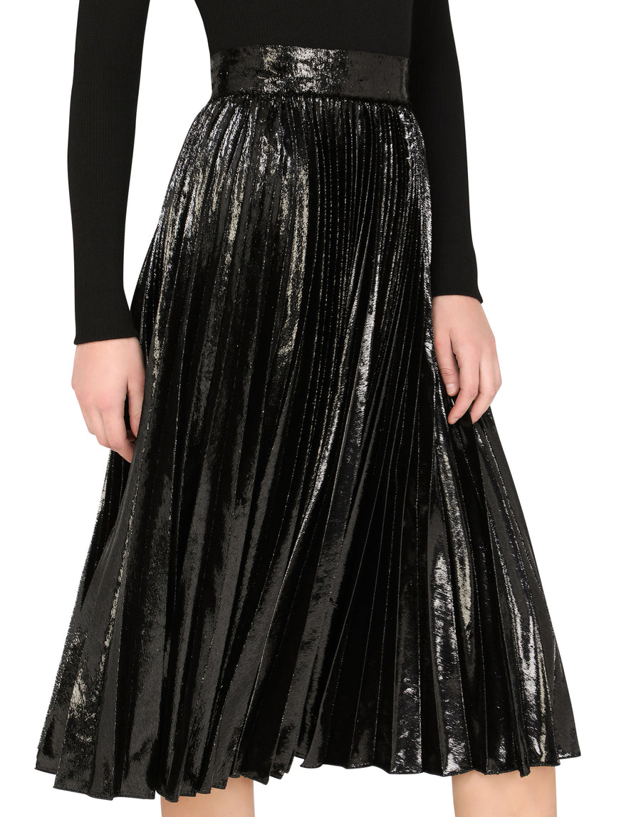 Pleated midi skirt in flowing lamé velvet