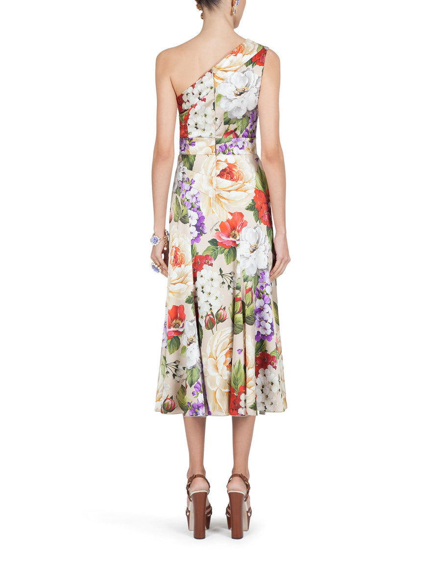 One-shoulder floral dress with belt