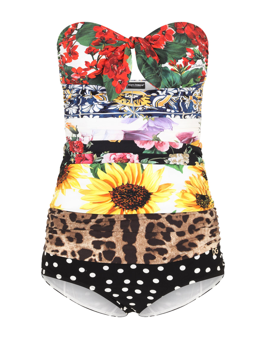 Mixed patchwork-print one-piece swimsuit with draping