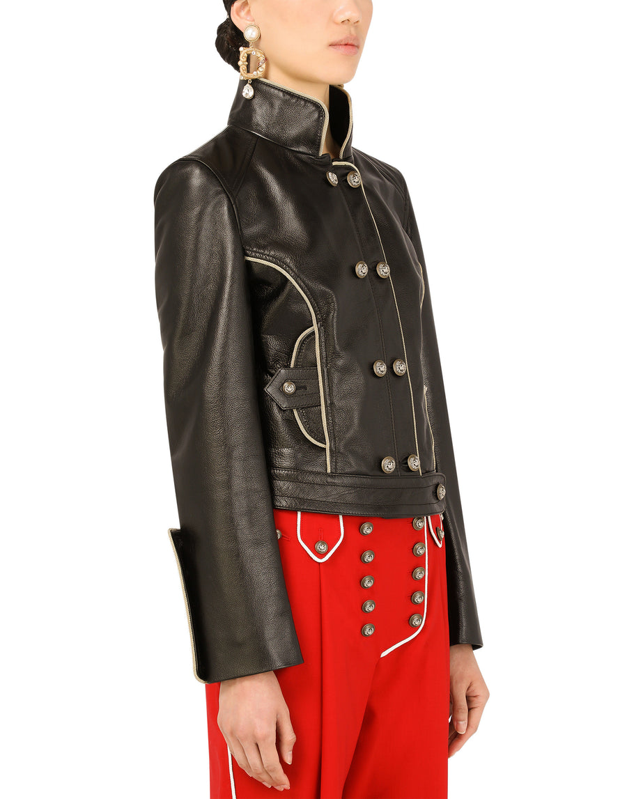 Leather biker jacket with heraldic buttons