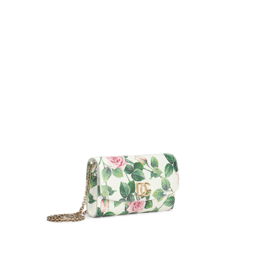 Mini leather bag with roses print and shoulder strap