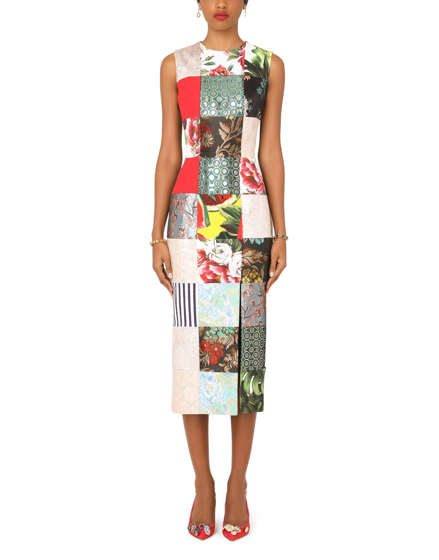 Calf-length patchwork jacquard dress with slit