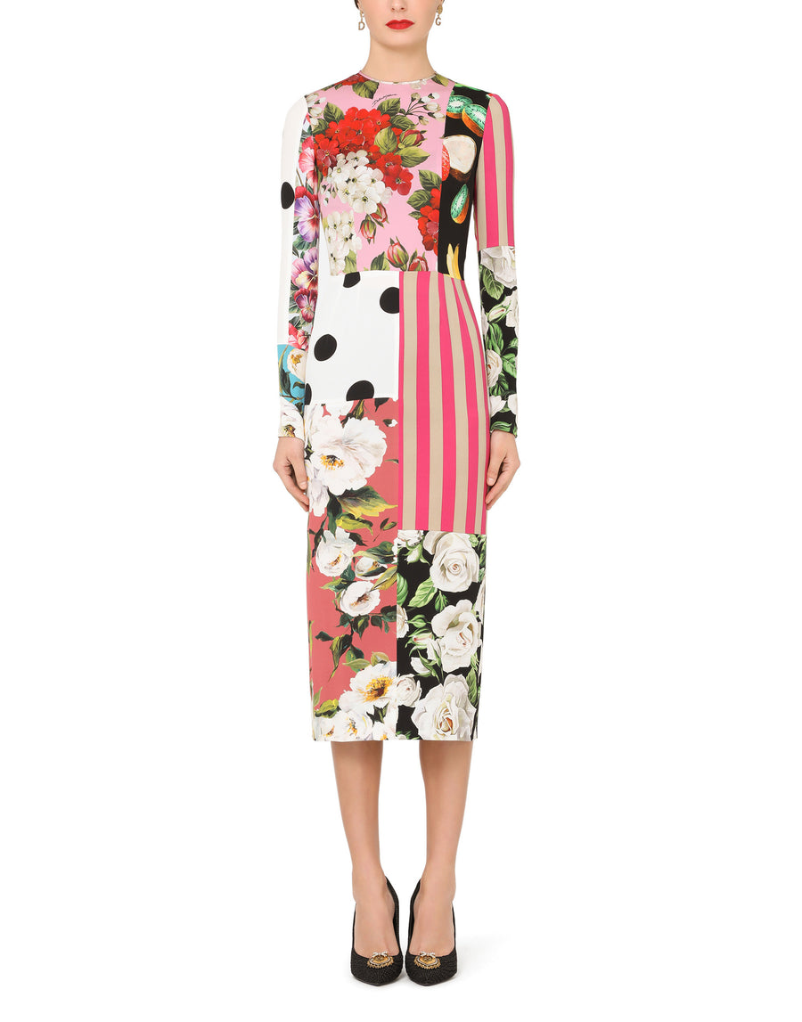 Calf-length patchwork-print charmeuse dress