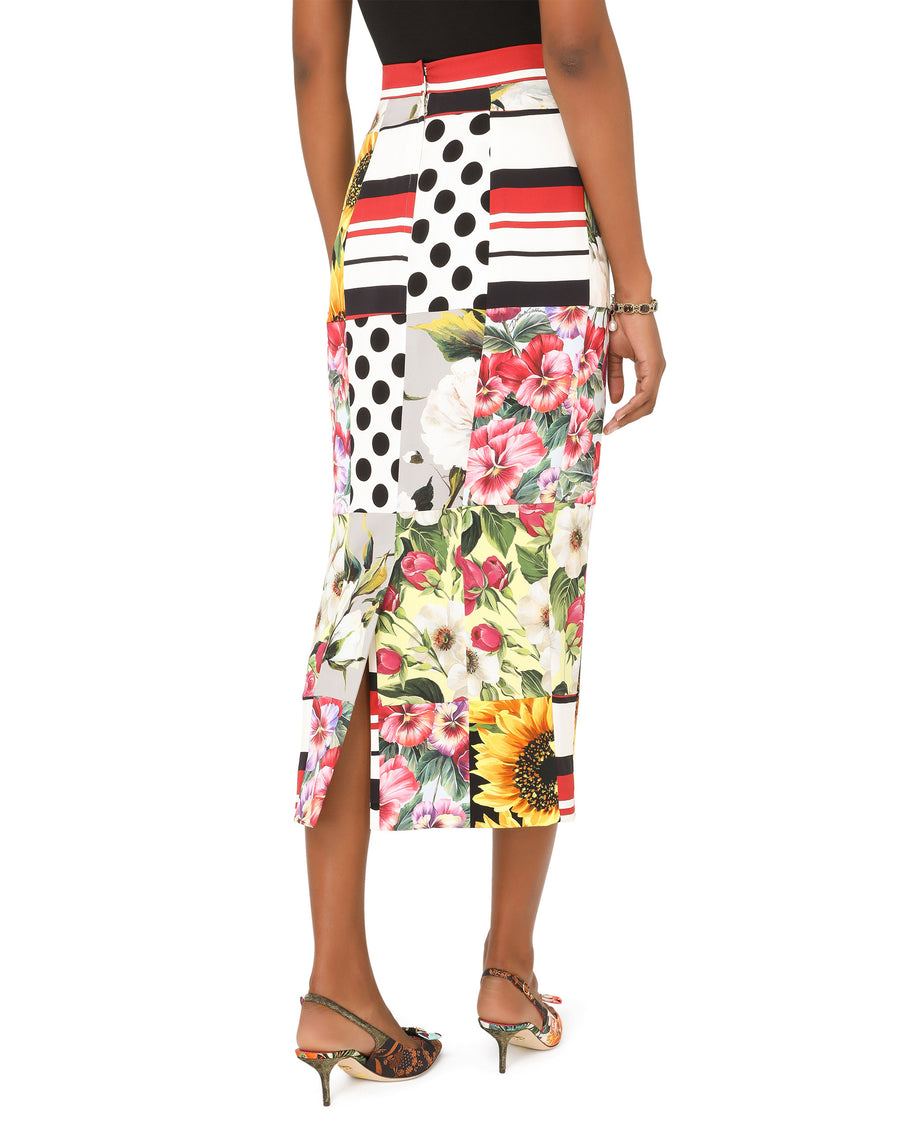 Patchwork charmeuse midi skirt