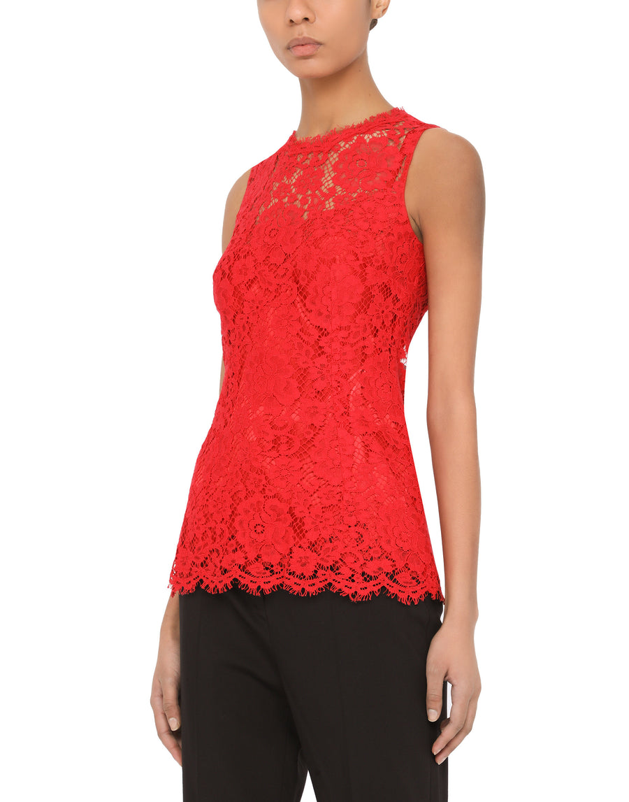 Floral Lace Embroidered Sleeveless Blouse In Red