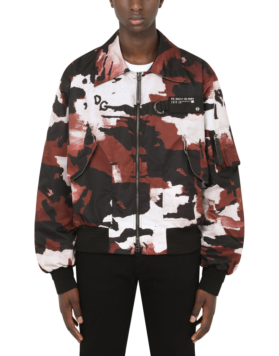 Camouflage-print nylon jacket with multiple logos