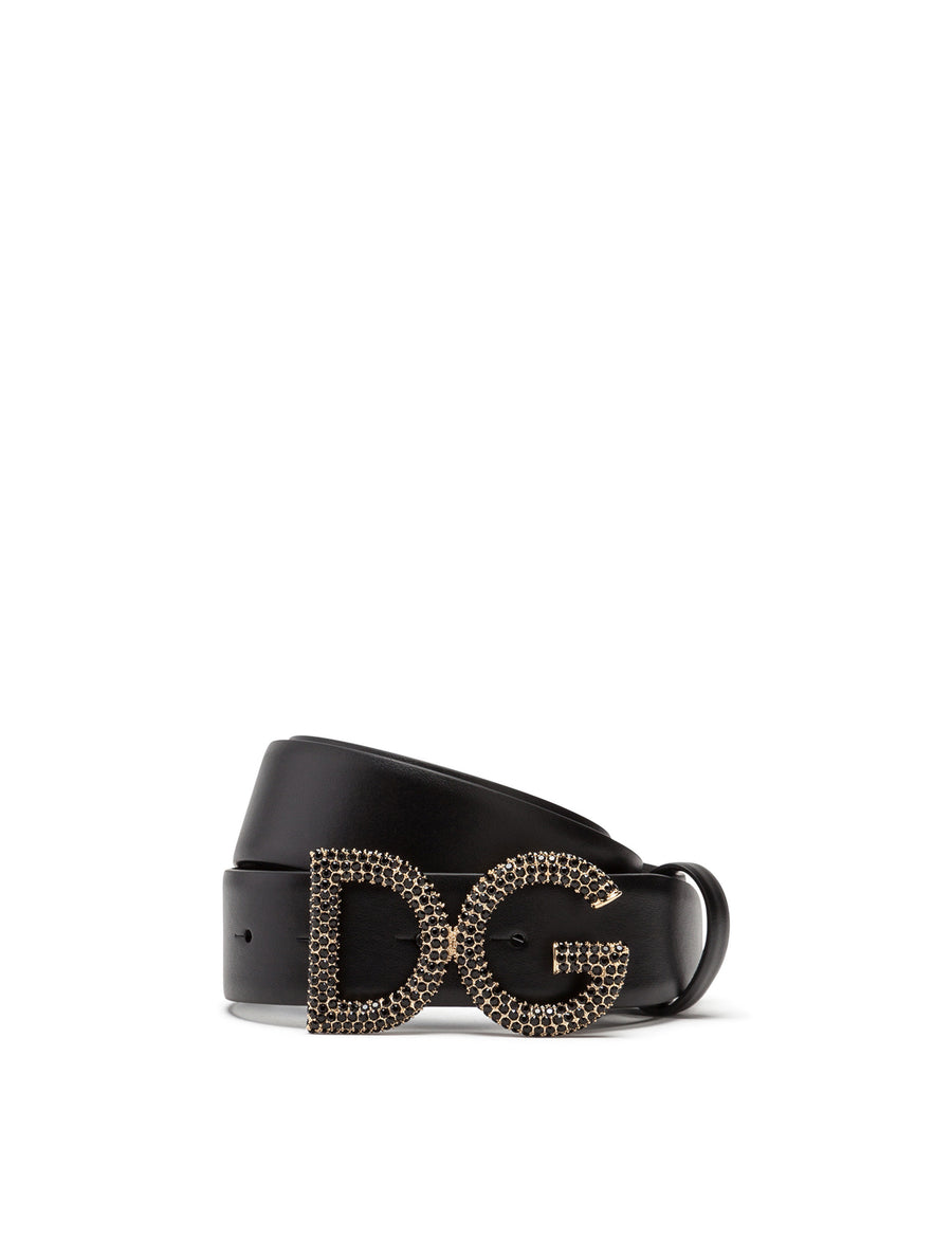 Belt in calfskin with rhinestone logo buckle