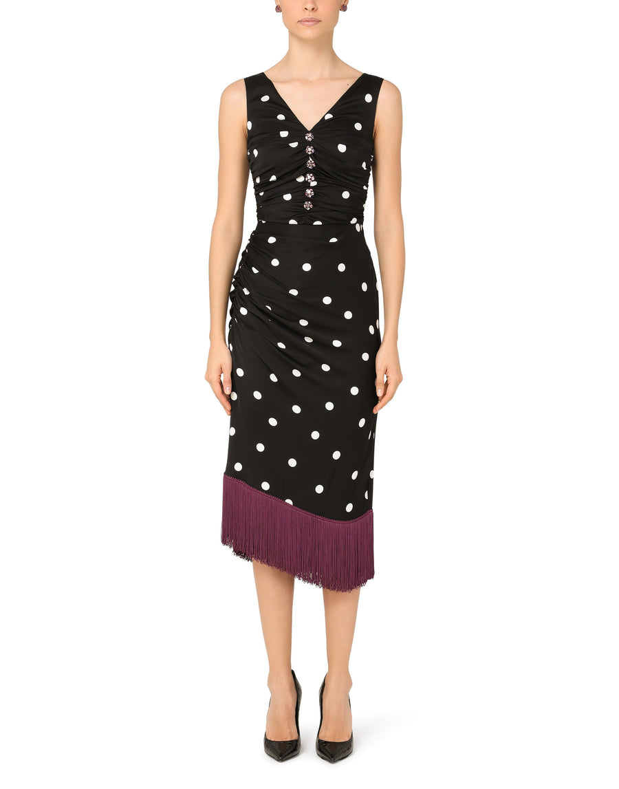 Calf-length draped dress in polka-dot print charmeuse