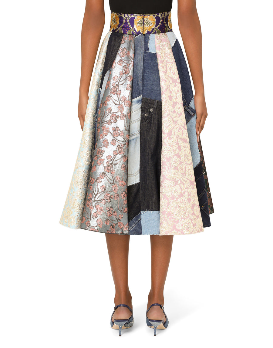 Patchwork denim and jacquard midi skirt