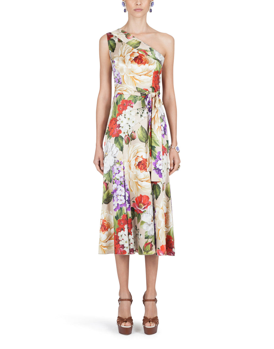 One-shoulder floral dress with belt