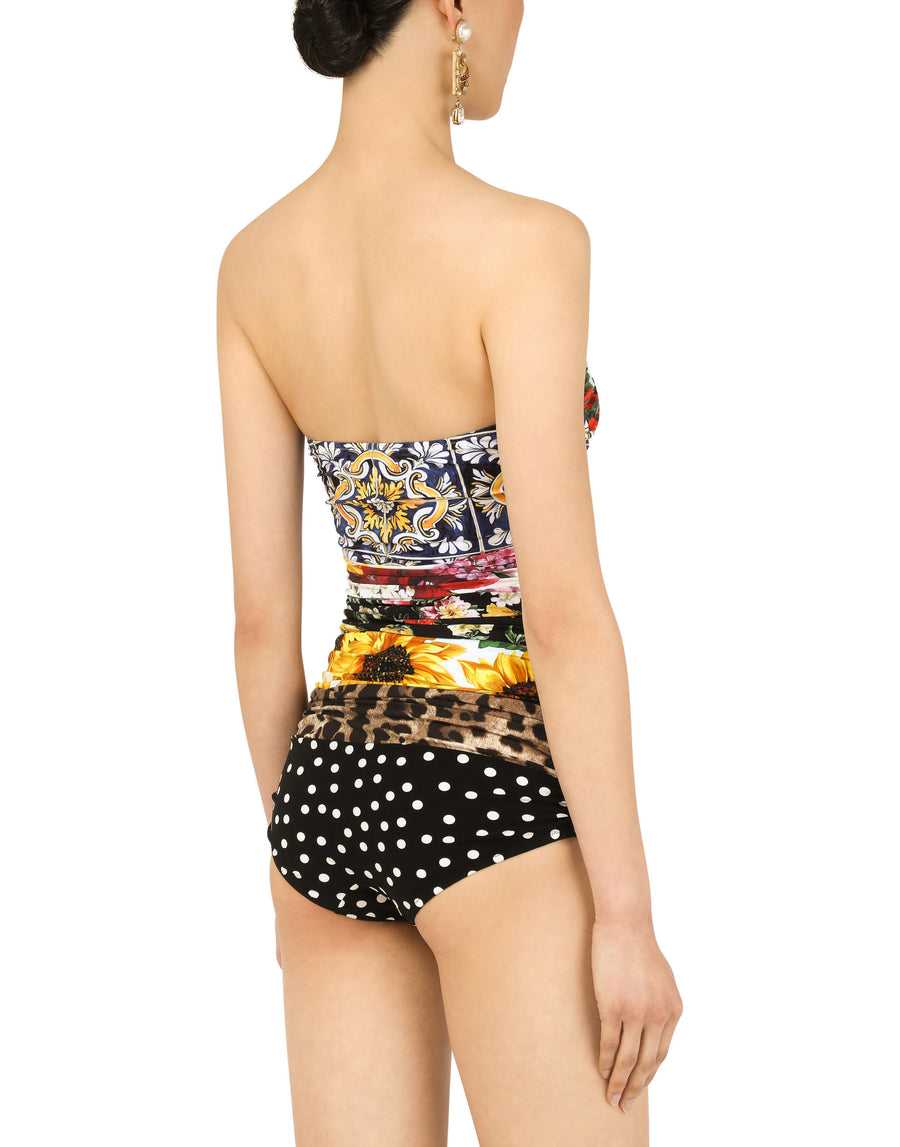 Mixed patchwork-print one-piece swimsuit with draping