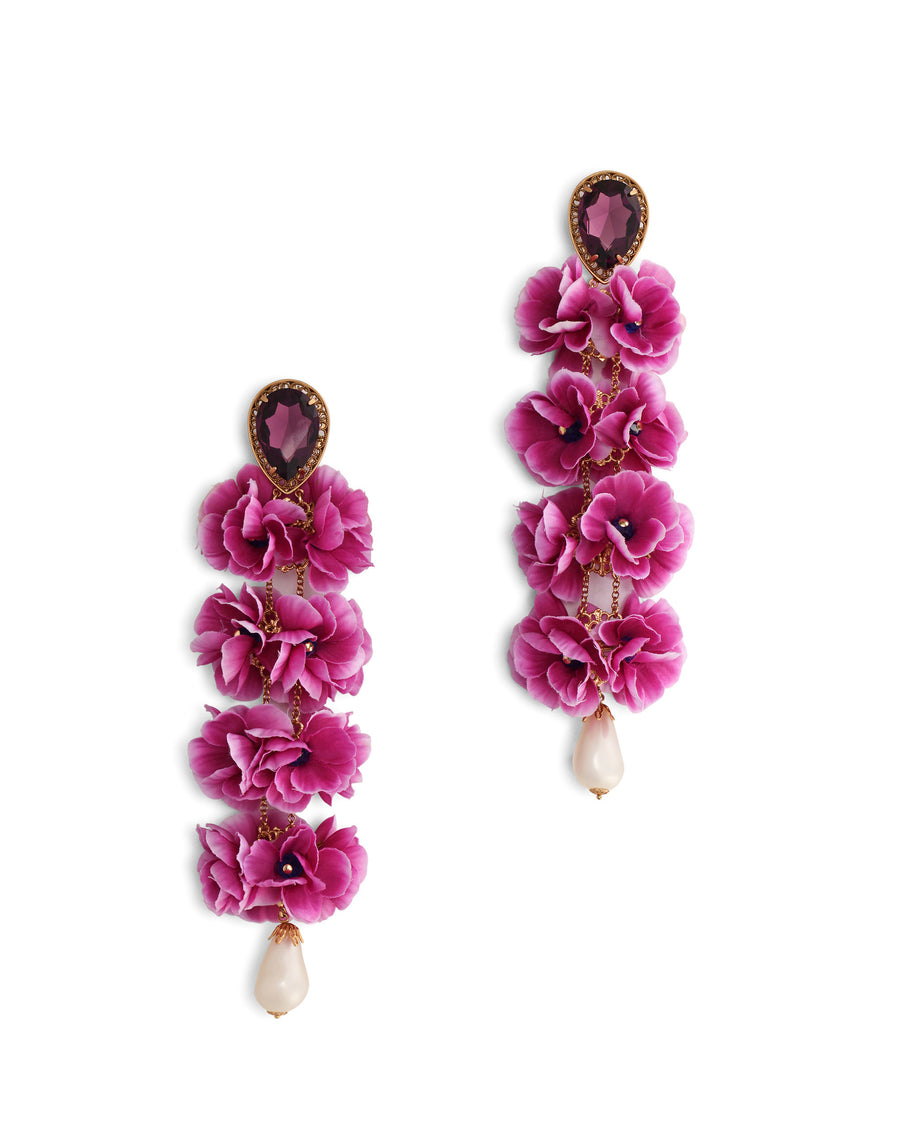 Drop earrings with rhinestone and fabric flowers