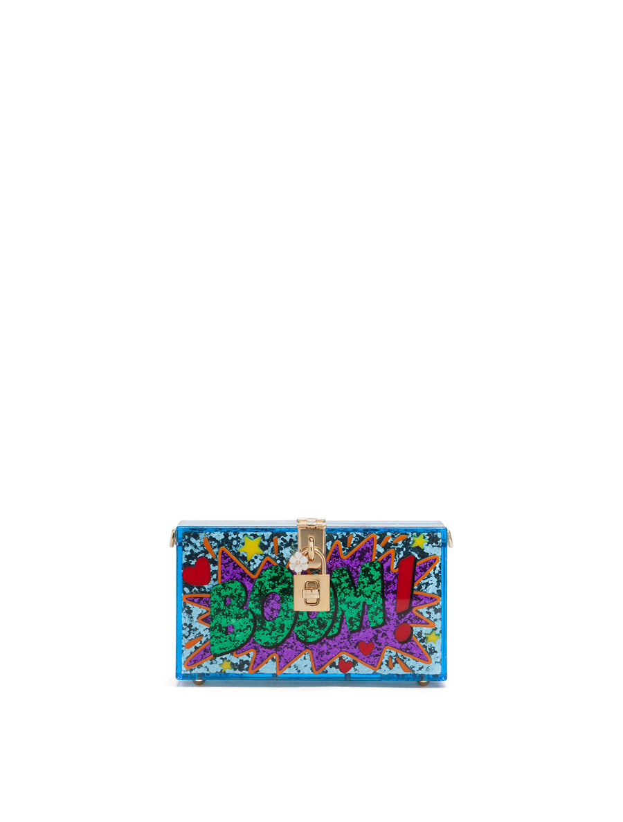 Plexiglass Dolce Box clutch with glitter inlay