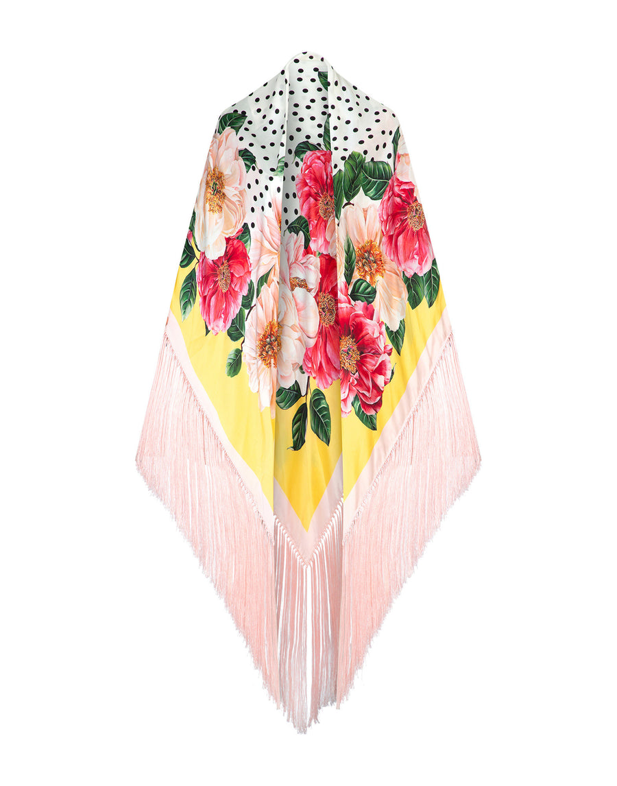 Camellia-print silk satin foulard with fringing