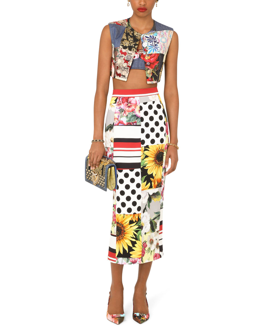 Patchwork charmeuse midi skirt