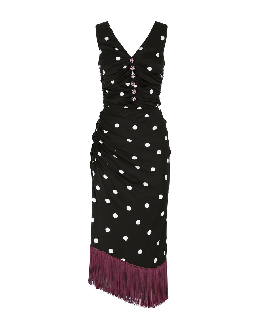 Calf-length draped dress in polka-dot print charmeuse