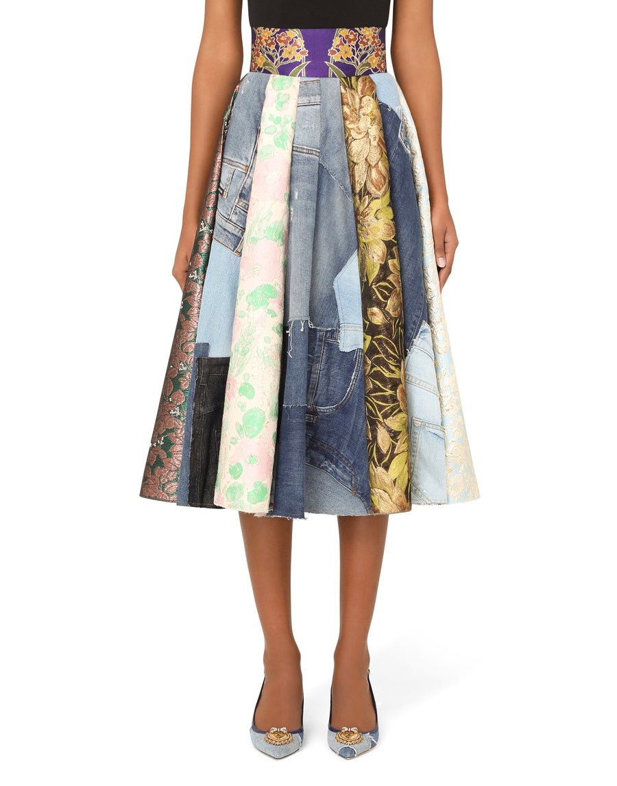 Patchwork denim and jacquard midi skirt