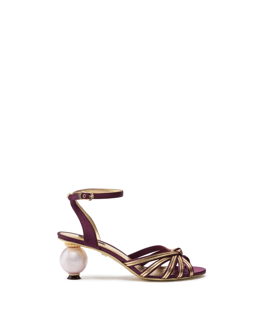 SATIN AND MORDORÉ SANDALS WITH PEARL HEEL