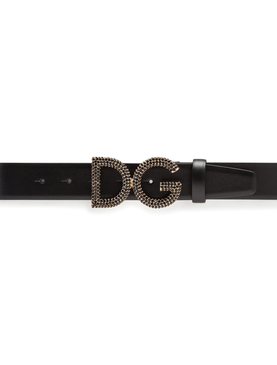 Belt in calfskin with rhinestone logo buckle