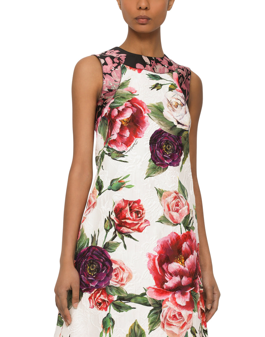 Dolce & Gabbana Sleeveless Dress In Brocade Fabric With Peonies Print