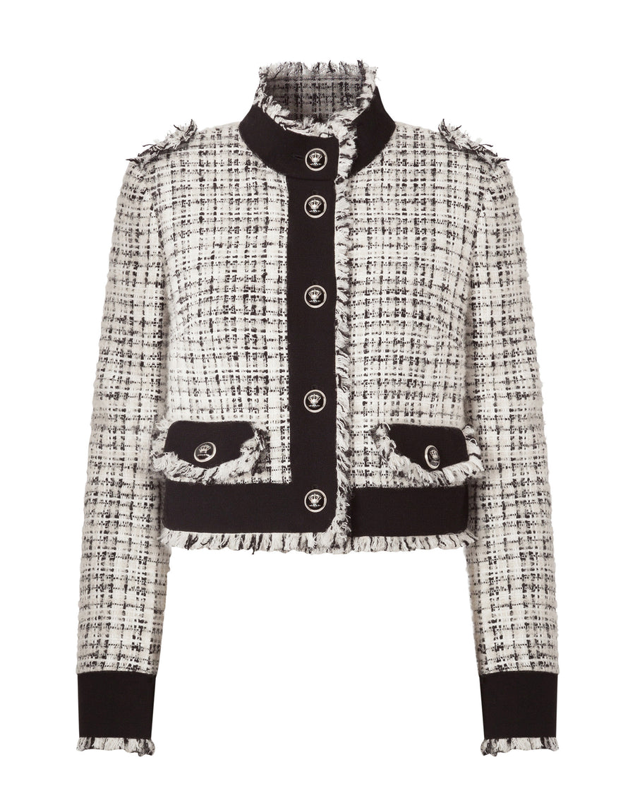 Cropped single-breasted jacket in tweed with decorative buttons