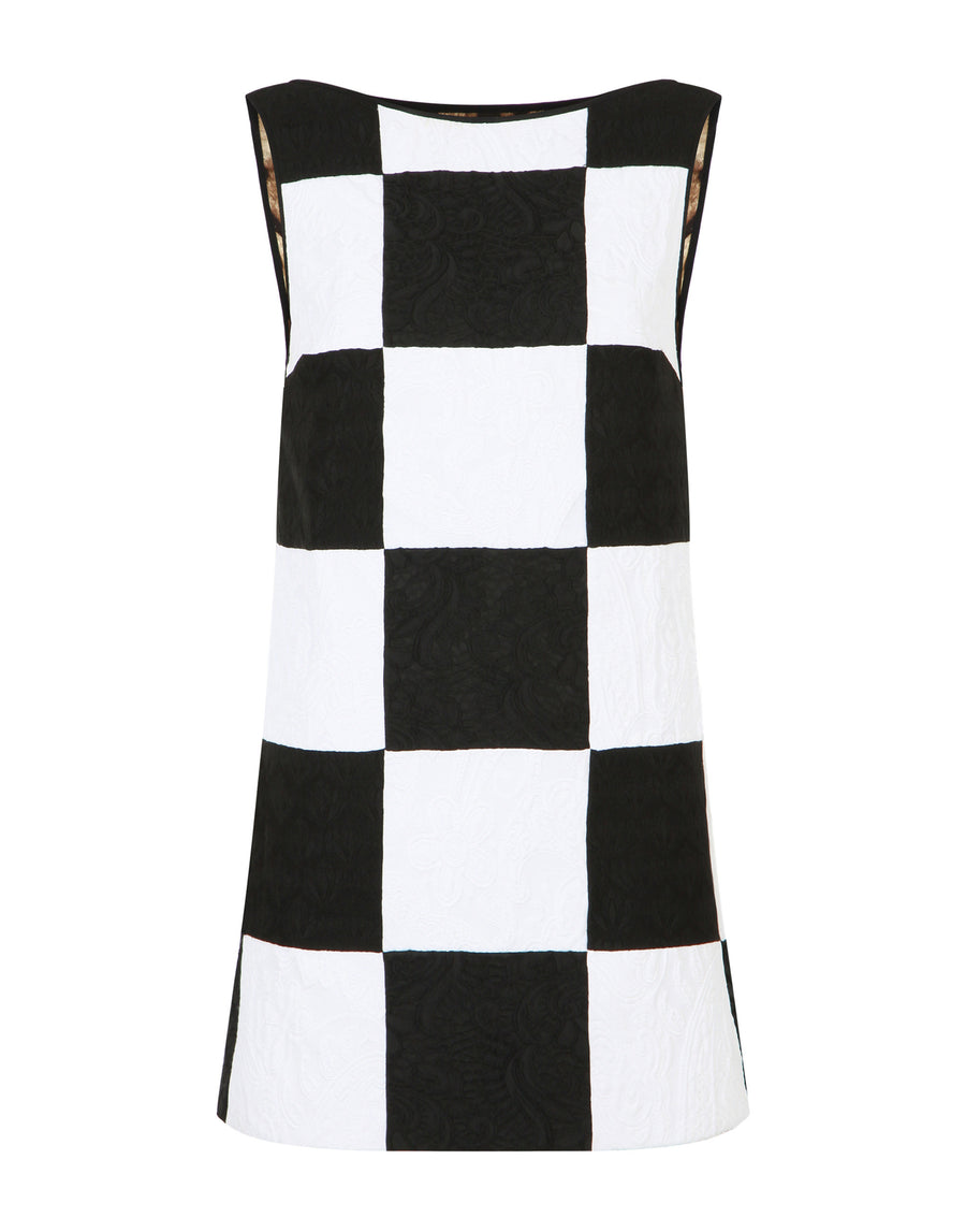 Sleeveless damier dress in patchwork jacquard