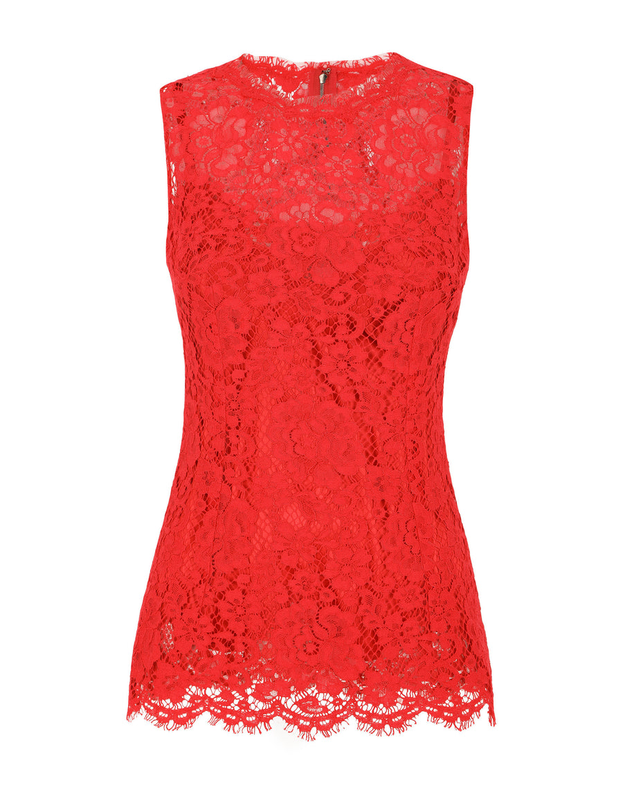 Floral Lace Embroidered Sleeveless Blouse In Red