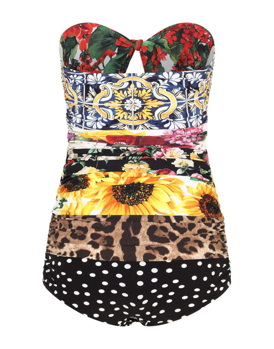 Mixed patchwork-print one-piece swimsuit with draping